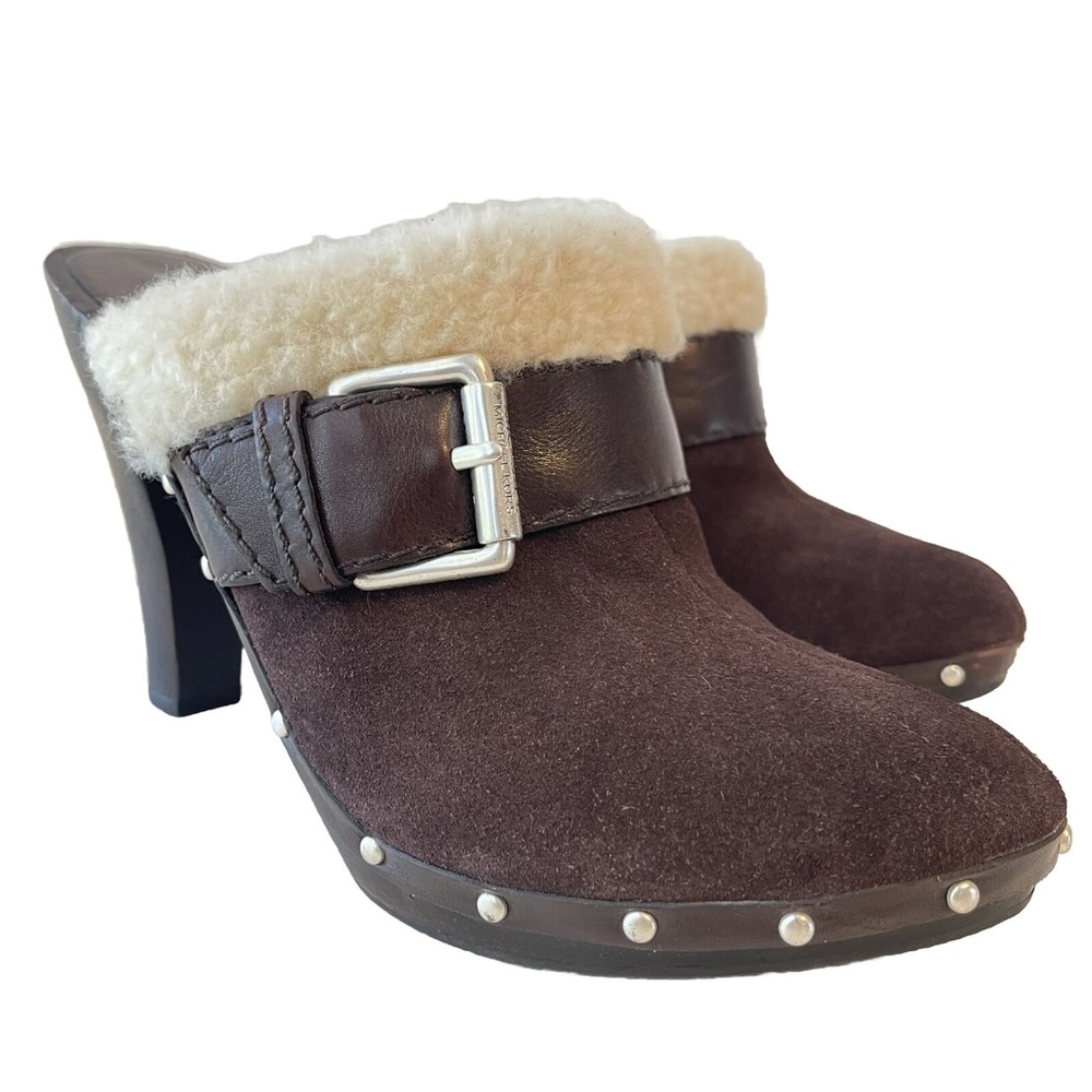 MICHAEL KORS Clog Brown Suede Leather Heels Shoe Buckle Strap Lined Slip On Sz 9